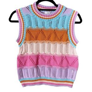 Grace + Karma Boho Y2K Multicolored Pullover Open‎ Knit Sweater Vest Size Small